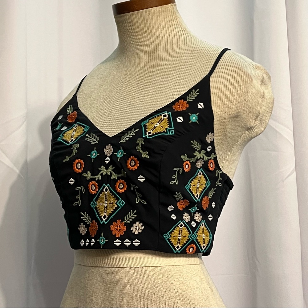 Xhilaration Embroidered Brown Crop Top with Colorful Stretchy Boho Adjustable